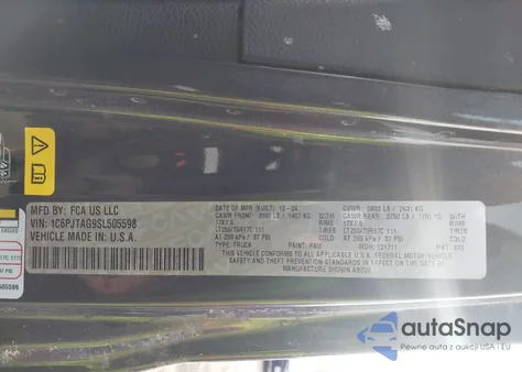 2025 Jeep Gladiator Texas Trail z USA, uszkodzony, nr VIN 1C6PJTAG9SL505598